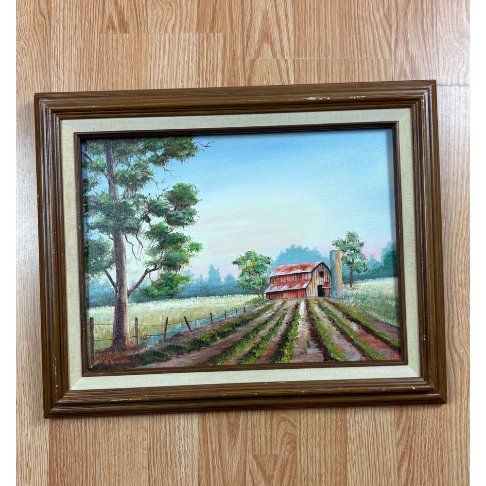 Rare M Howard Original Oil Painting Red Barn Landscape Fredrix Canvas Framed